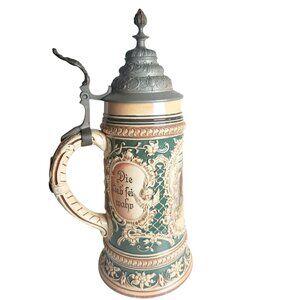 Antique Ceramic German Beer Stein Jakob Goldschmidt 1807 Hand-Painted Pewter Lid